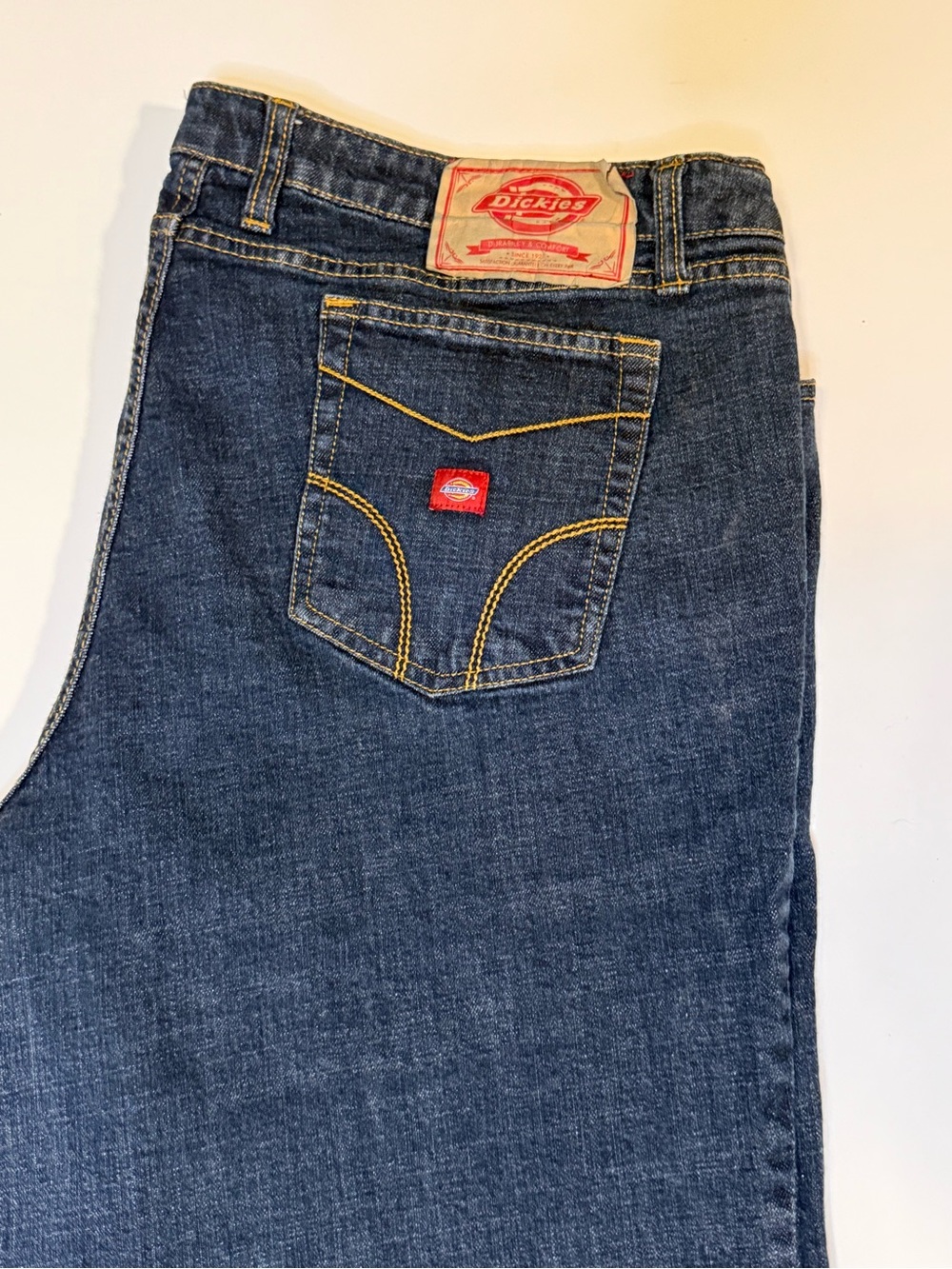 Dickies Women's Blue Straight-Leg Jeans with Yellow Stitching